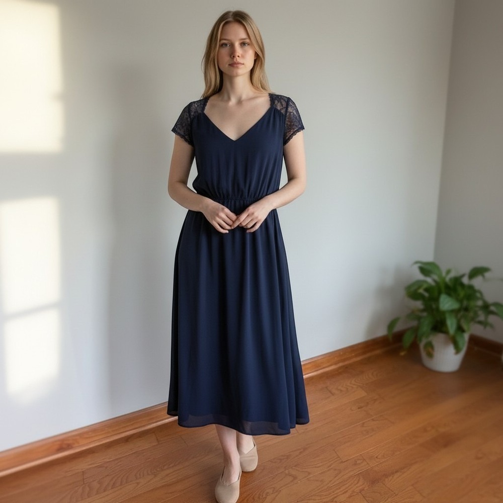 Torrid Navy Chiffon Lace Yoke Midi Dress Light Bridesmaid Bridal 14 whimsigoth